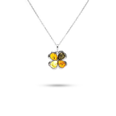 MILLENNE Multifaceted Baltic Amber 4 Leaf Clover Silver Pendant with 925 Sterling Silver