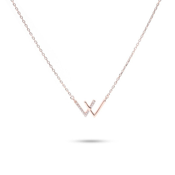 MILLENNE Minimal Studded W Cubic Zirconia Rose Gold Necklace with 925 Sterling Silver