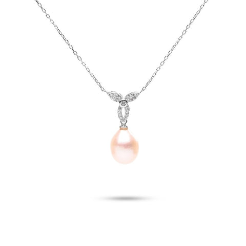 MILLENNE Multifaceted Pearl Drop and Intricate Studded Cubic Zirconia White Gold Necklace with 925 Sterling Silver