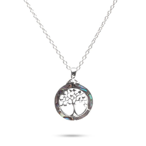 MILLENNE Multifaceted Abalone Shell Tree of Life Shell White Gold Pendant with 925 Sterling Silver