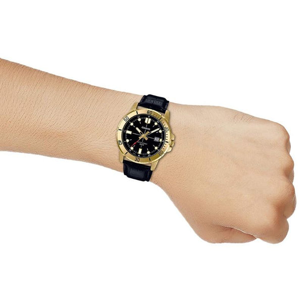 Casio Men's Analog Watch MTP-VD01GL-1EV Gold tone Black Leather Watch